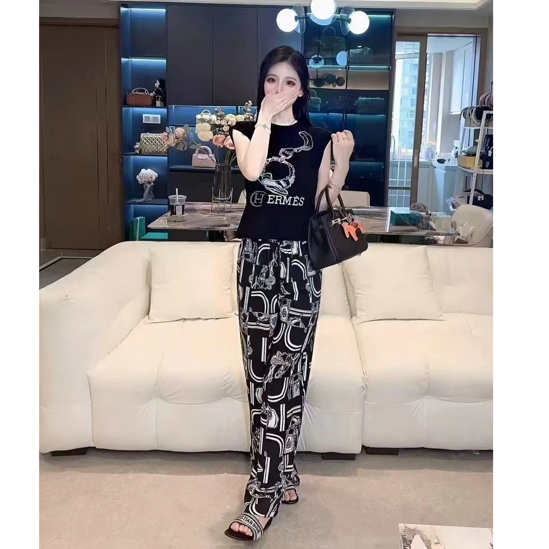 冰丝H老花女休闲夏季宽松防晒网红老钱风松弛女装缎面冰丝阔腿裤