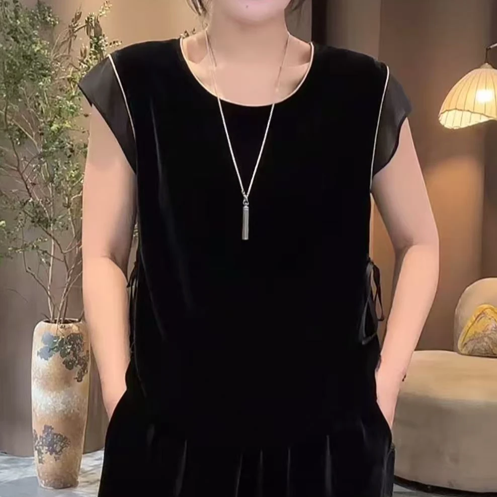 桑蚕丝真丝丝绒包肩拼接撞色短袖