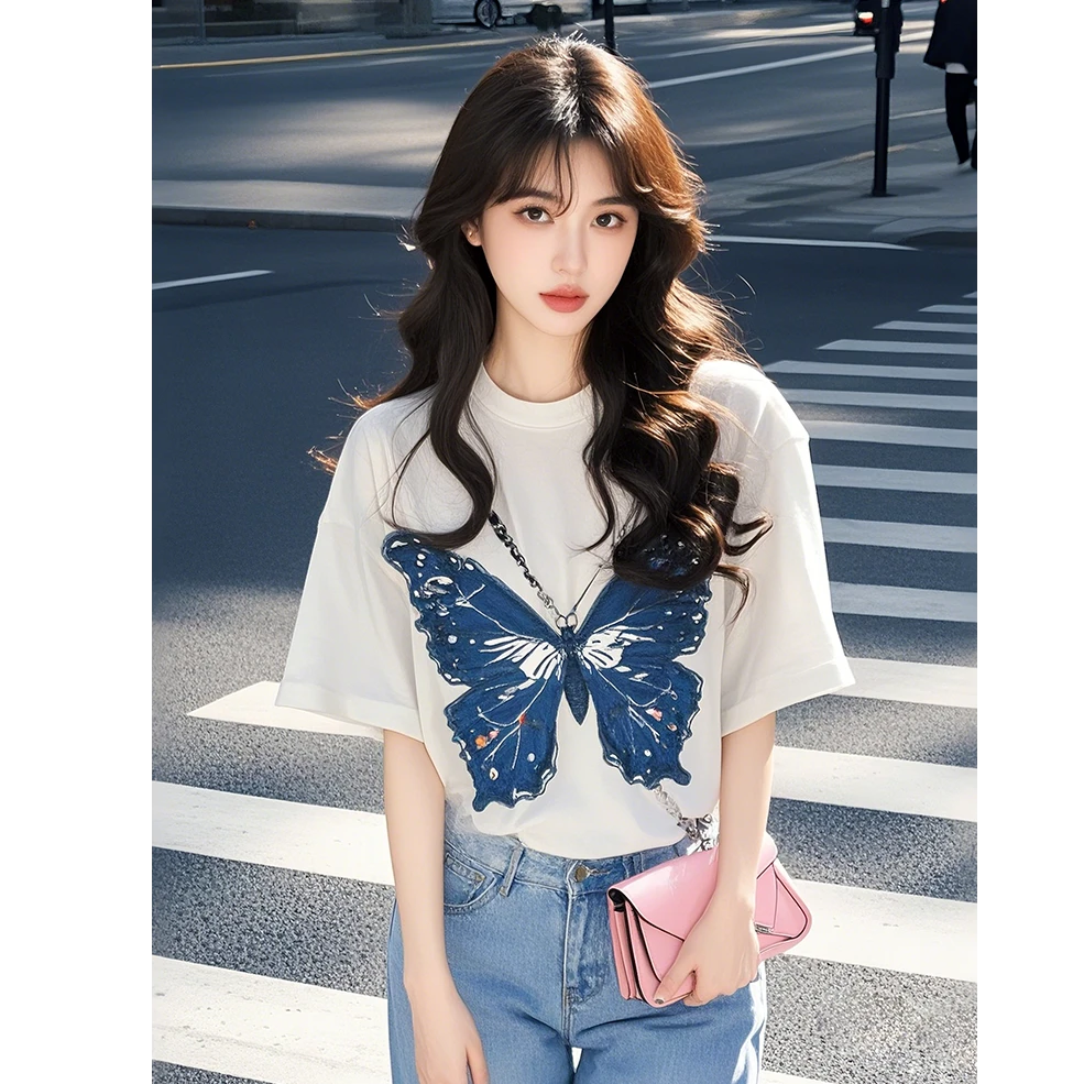 蝴蝶印花白色纯棉短袖t恤女2025新款春季chic韩系独特超好看上衣