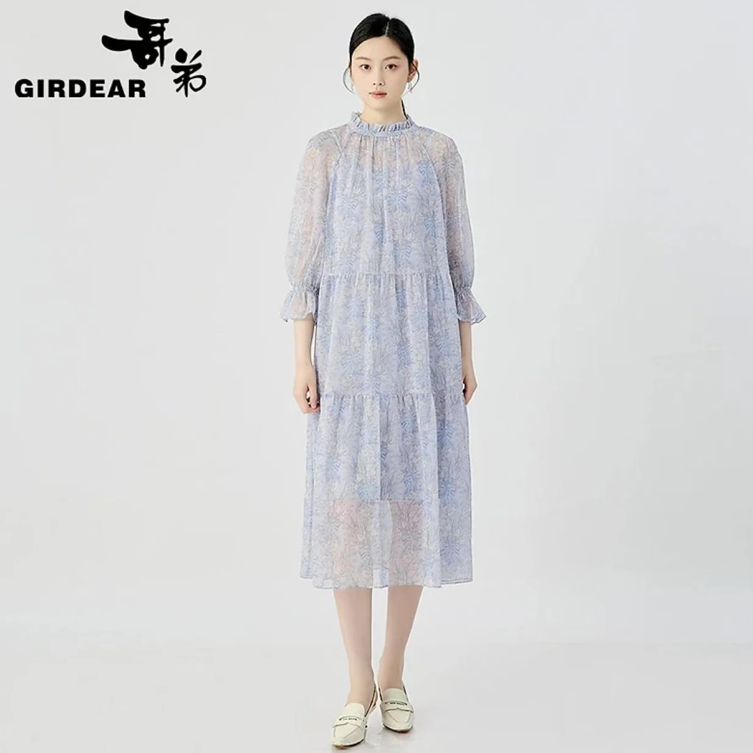 GIRDEAR/哥弟【莫奈花园】法式浪漫减龄木耳领两件套连衣裙150008