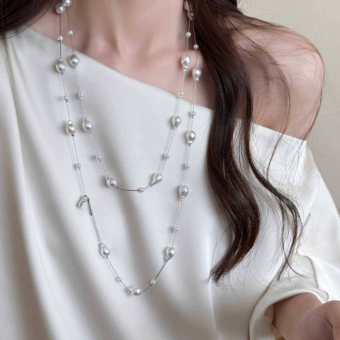 合金仿珍珠项链 法式优雅异形珠珠长款双层项链女高级感叠戴配饰