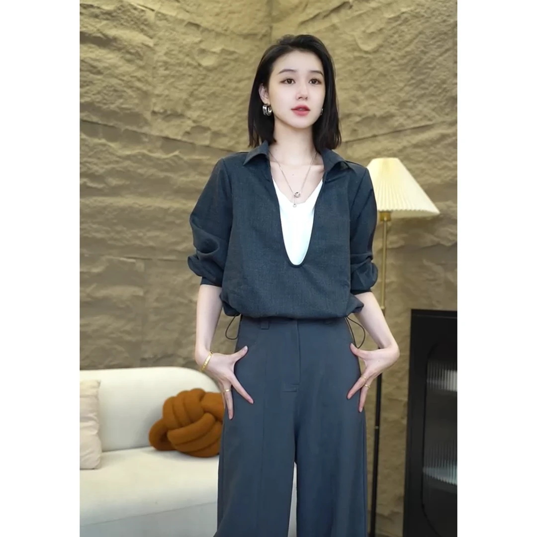 女装秋季新款韩版设撞色计感拼接松紧收摆假两件衬衫6934