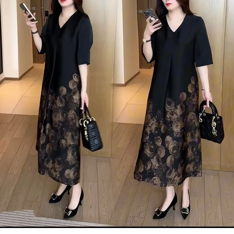 气质V领中袖碎花套头夏季新款连衣裙时尚中长裙洋气妈妈装夏季