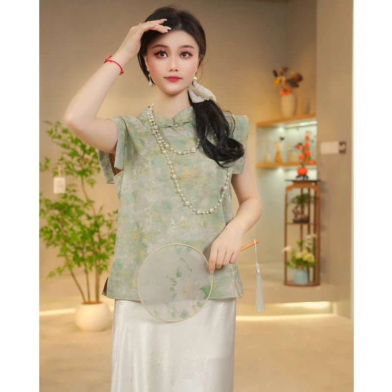 7736新中式国风高定斜襟夏季气质百搭休闲复古提花上衣小衫