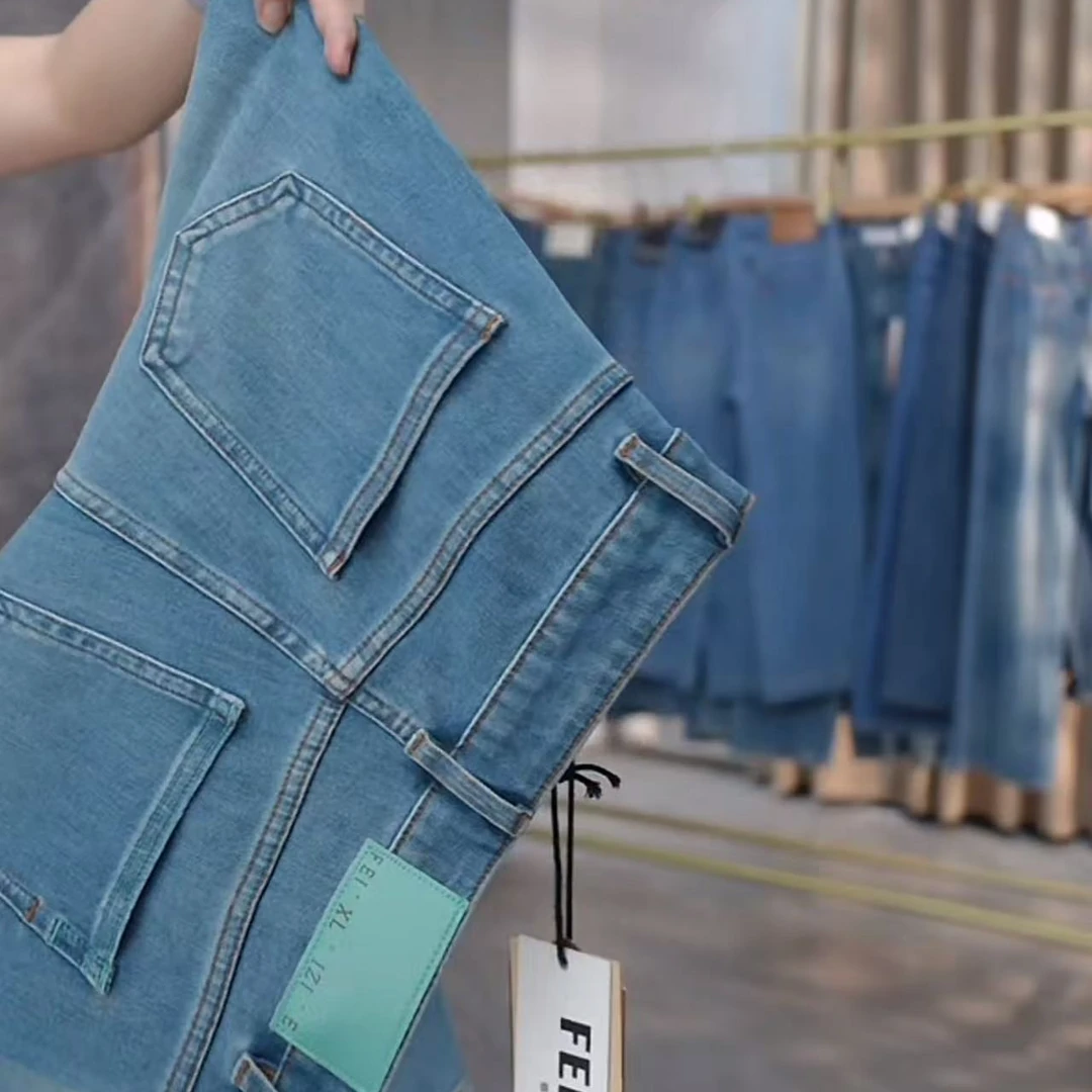 F85101菲西子八面弹牛仔裤女夏高腰弹力显瘦蓝色九分法棍裤