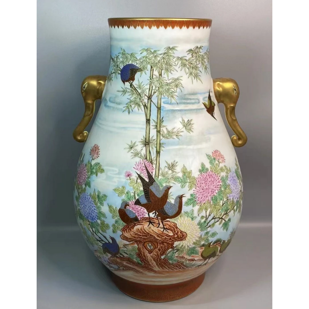 珐琅彩复古大号创意高档花鸟象耳瓶