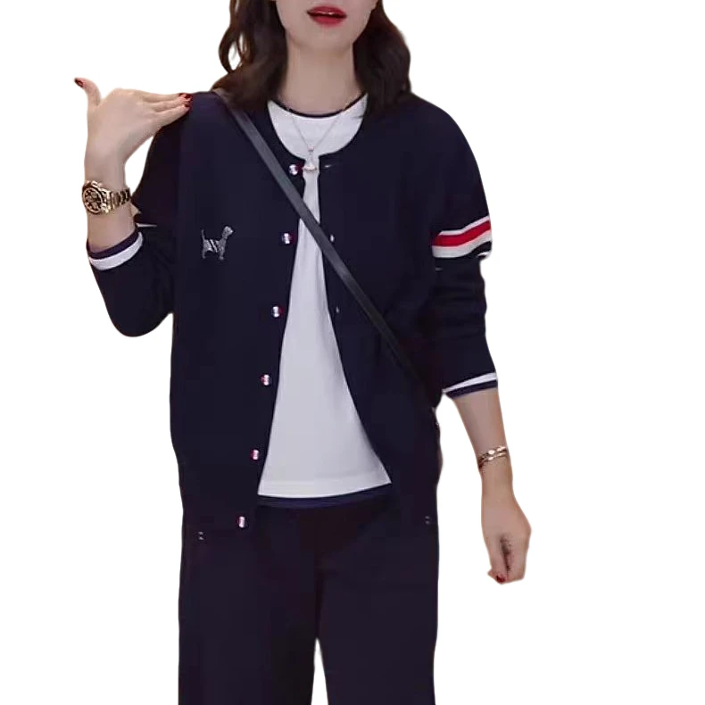 常规袖彩色小狗针织衫春秋开衫洋气显瘦针织时尚早秋拼接撞色