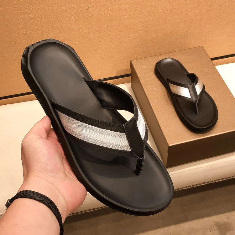 吉伦略索高级感男士人字拖夏季真皮织带简约外穿防滑夹脚时尚凉拖