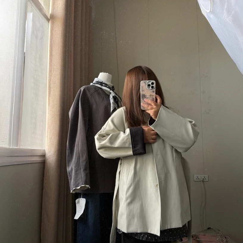 韩式撞色休闲风中长款园领系腰带外套秋冬款时尚百搭