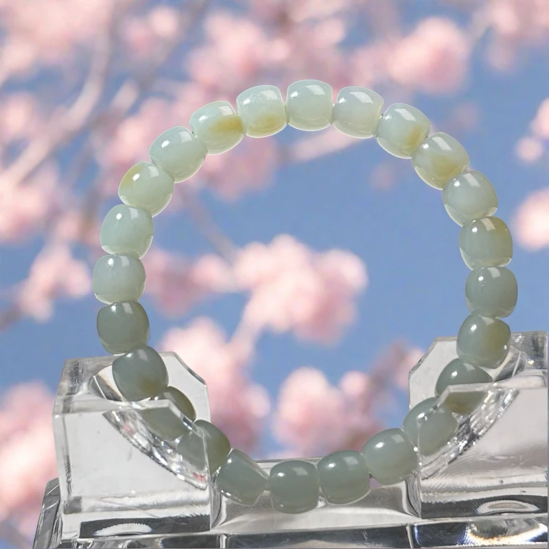 精美和田玉河道天空蓝带糖8x9mm直切珠手串清新时尚百搭素圈