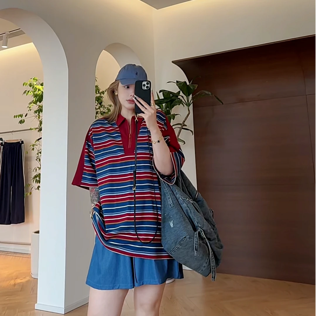 【瘦瘦】大码夏季拼接全棉复古慵懒风时髦条纹美式休闲Polo衫S01782