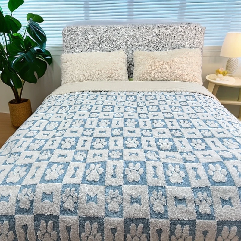 【蓝底脚印】200*230加厚塔芙绒阳离子双层盖毯毛毯休闲双面