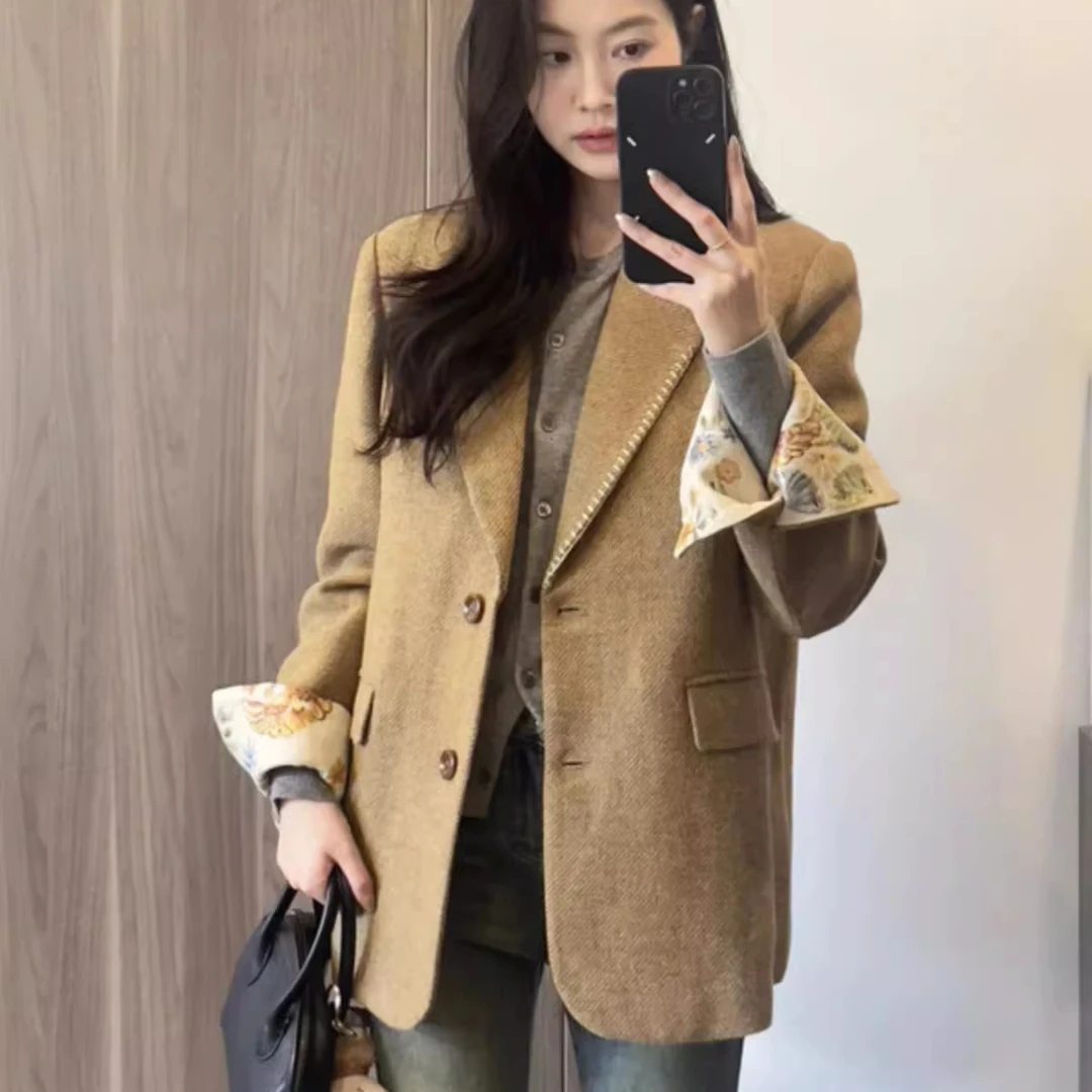 大码女装长袖毛双开叉西装棕色复古胖mm毛呢呢方领常规款西服