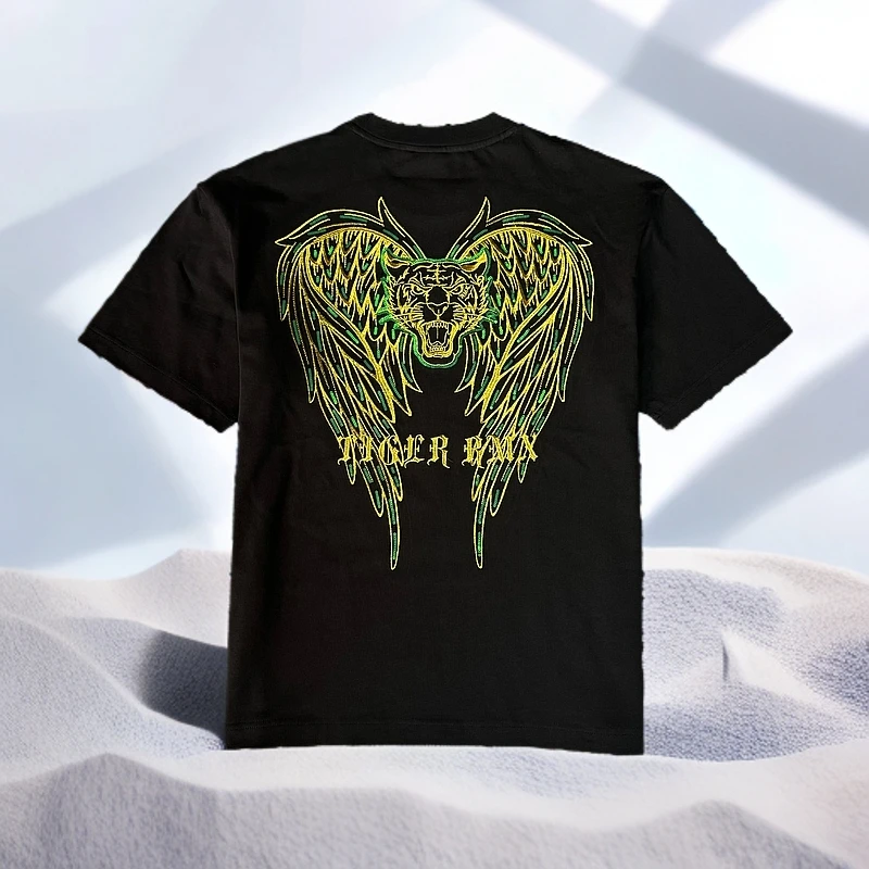 TIGERRMX【天使之翼】设计师潮牌男款刺绣夏季轻奢时尚黑色纯棉短袖