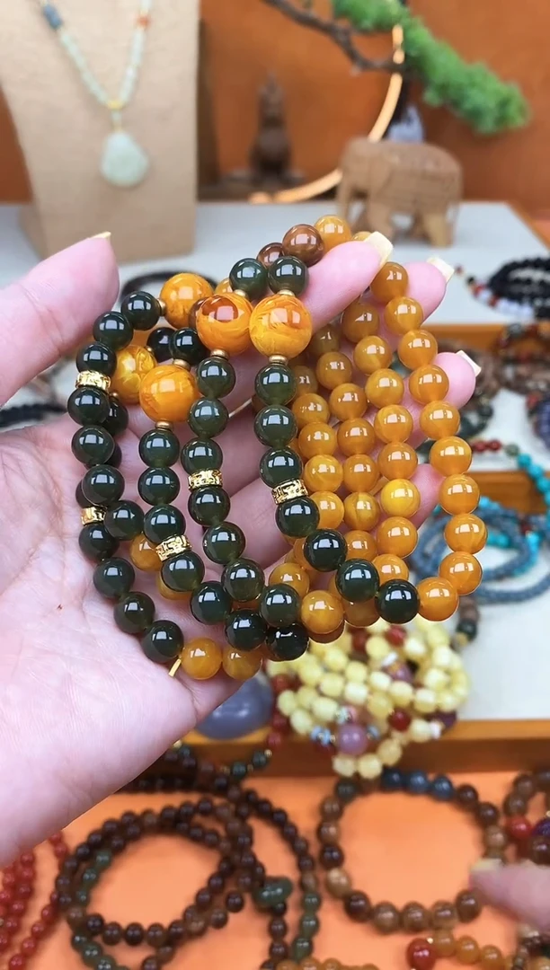 未镶嵌蜜蜡手链单圈蜜蜡和田菠菜绿手串