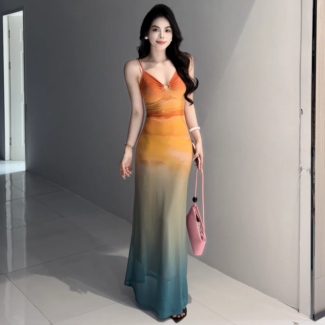 【落日晚霞】夏季长裙透气长裙连衣裙渐变飘逸显瘦气质修身设计师