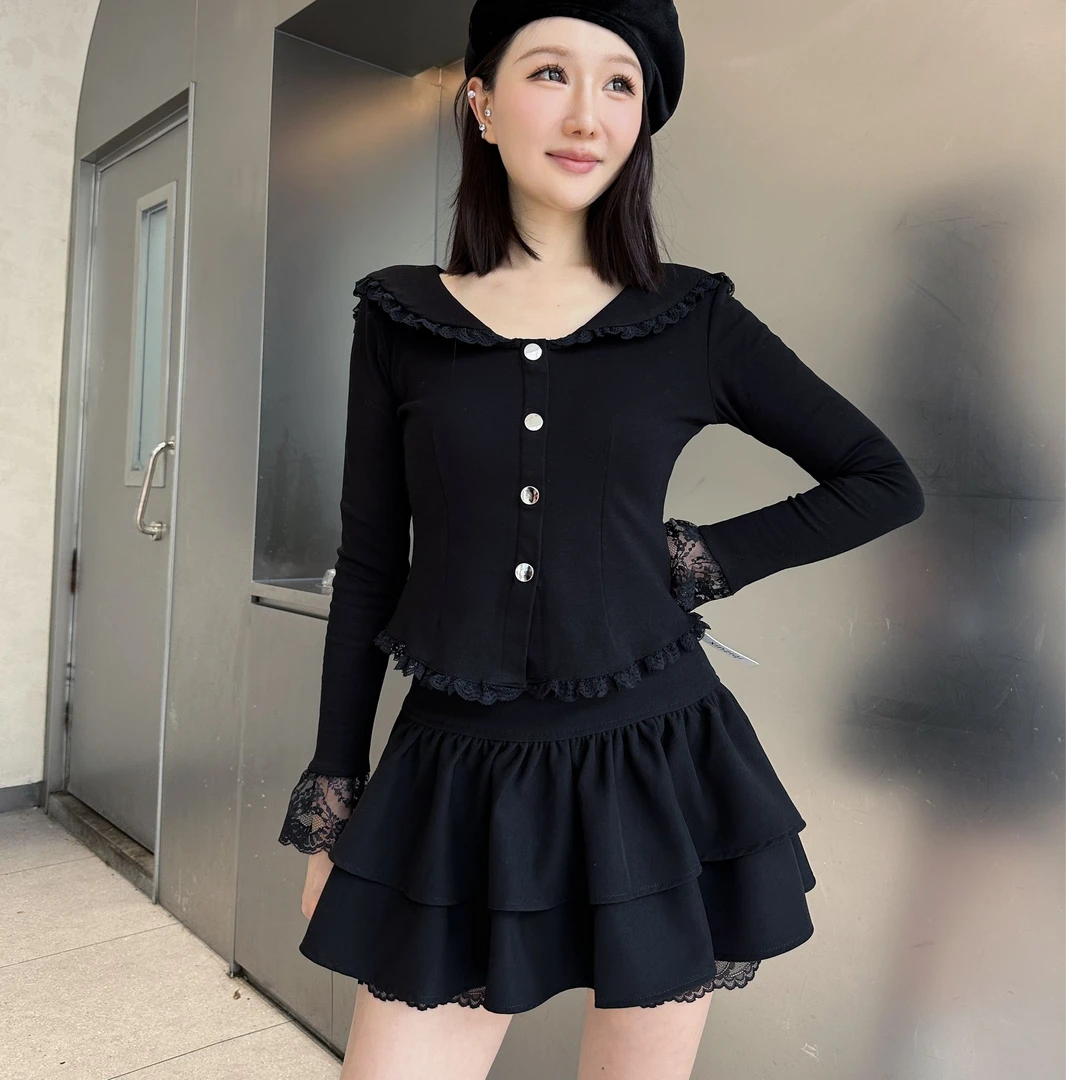 双层蕾丝花边拼接大荷叶边新品高腰显瘦半身裙时尚不规则a字短裙