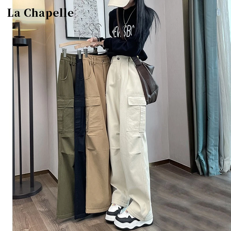 拉夏贝尔美式直筒工装裤女2025春季新款小个子高腰宽松运动阔腿裤