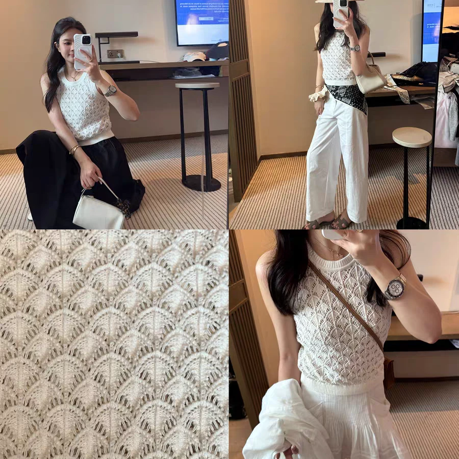 2025年春夏新款淡人穿搭亚麻亮片镂空背心半裙两件套套装