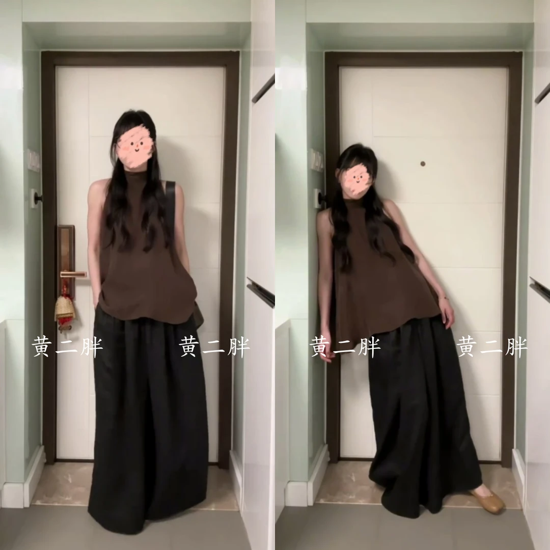 摩卡棕挂脖无袖背心上衣女黑色遮肉显瘦半裙韩系松弛感穿搭套装夏