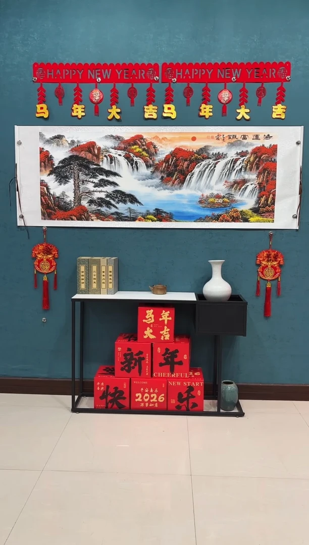 国画田老师手绘《鸿运当头迎客松山水》70*200厘米卷轴软裱
