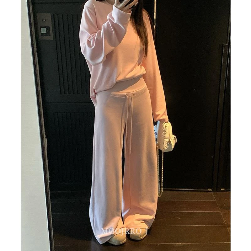 粉色抽绳休闲直筒卫裤女冬季宽松高腰垂感松紧腰运动裤拖地阔腿裤