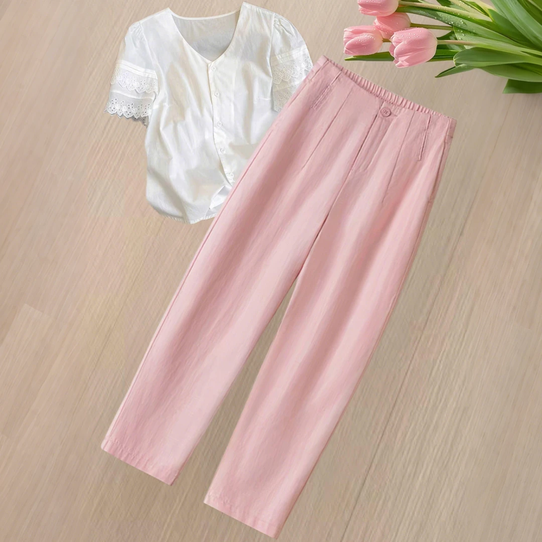 天丝亚麻弯刀裤女夏薄2025爆款宽松休闲哈伦裤抗皱棉麻九分镰刀