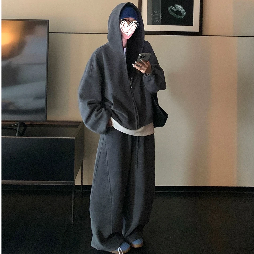 双面奥粒绒 490g高克重连帽卫衣外套+加厚宽松复古弯刀阔腿裤套装