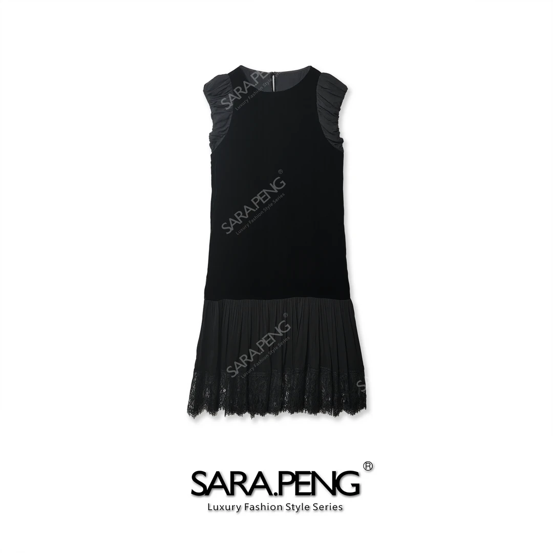 SARA.PENG简雅黑羽｜法式桑蚕丝丝绒拼接连衣裙｜优雅简约｜显瘦显高