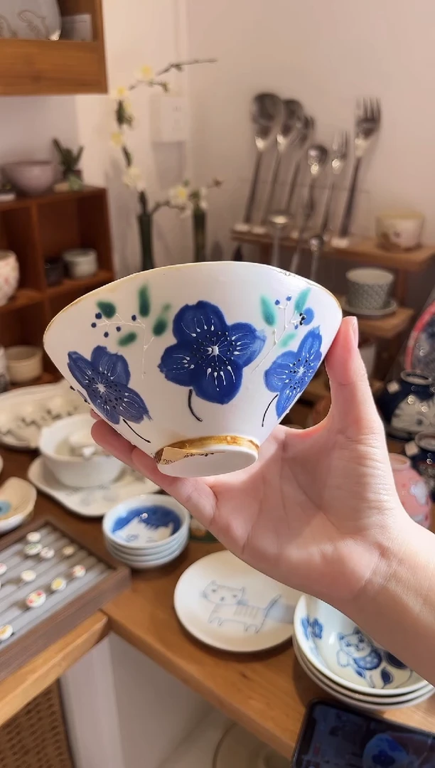 瓷片花*子蓝色手绘碗孤品