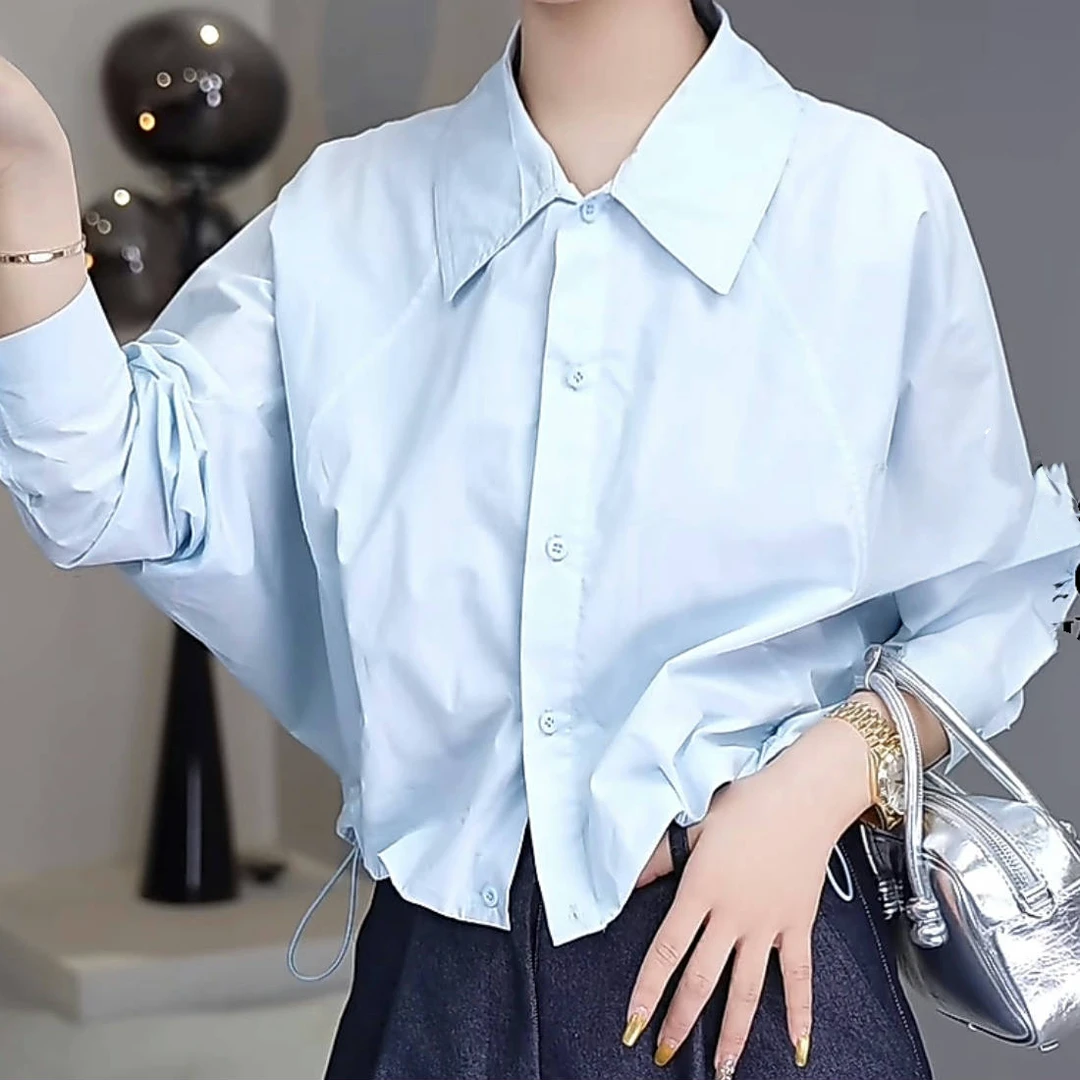 极简风蝙蝠袖衬衫2025早春设计感下摆抽绳褶皱配高级感衬衣上衣