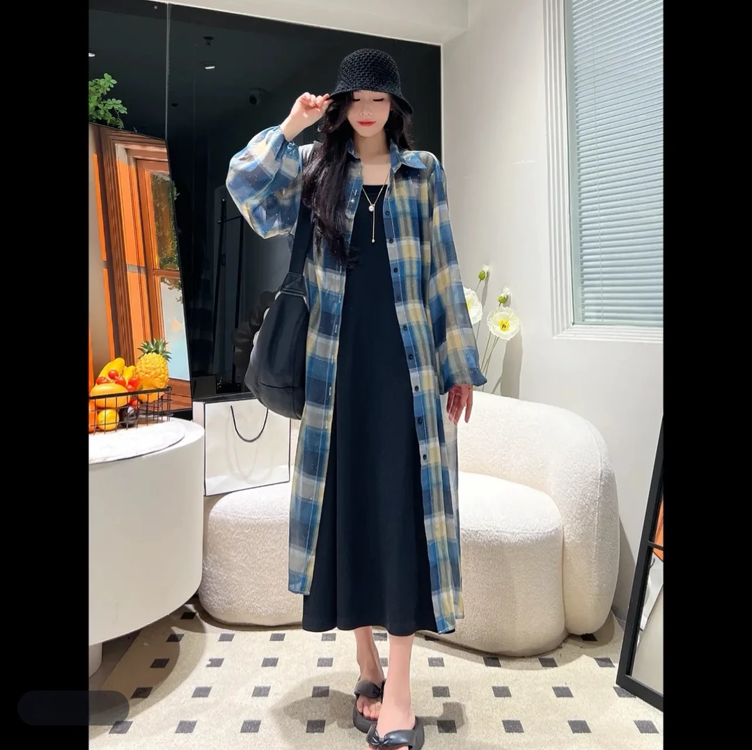 春新款百搭吊带宽松韩版格子过膝长款夏季防晒衬衫遮肉女装2件套