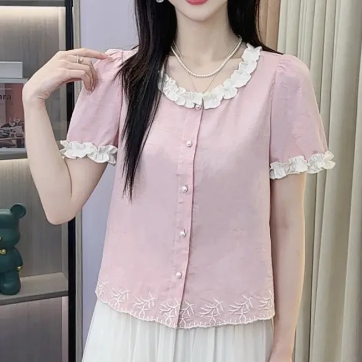 歌玲兰夏季小香风超好搭衬衫2025新款独特花边领百搭通勤宽松上衣