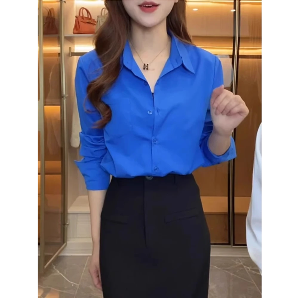 克莱因蓝色衬衫职业通勤女装春季2025新款上衣爆款女士衬衣设计感
