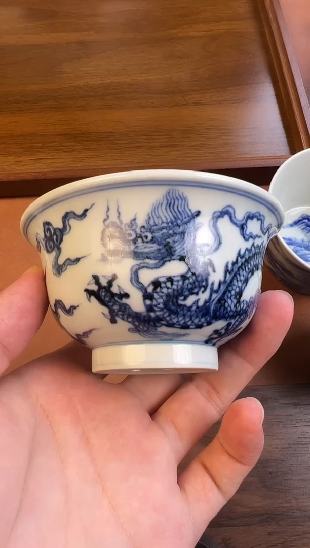 问青坊纯手工手绘青花龙纹柴窑压手杯