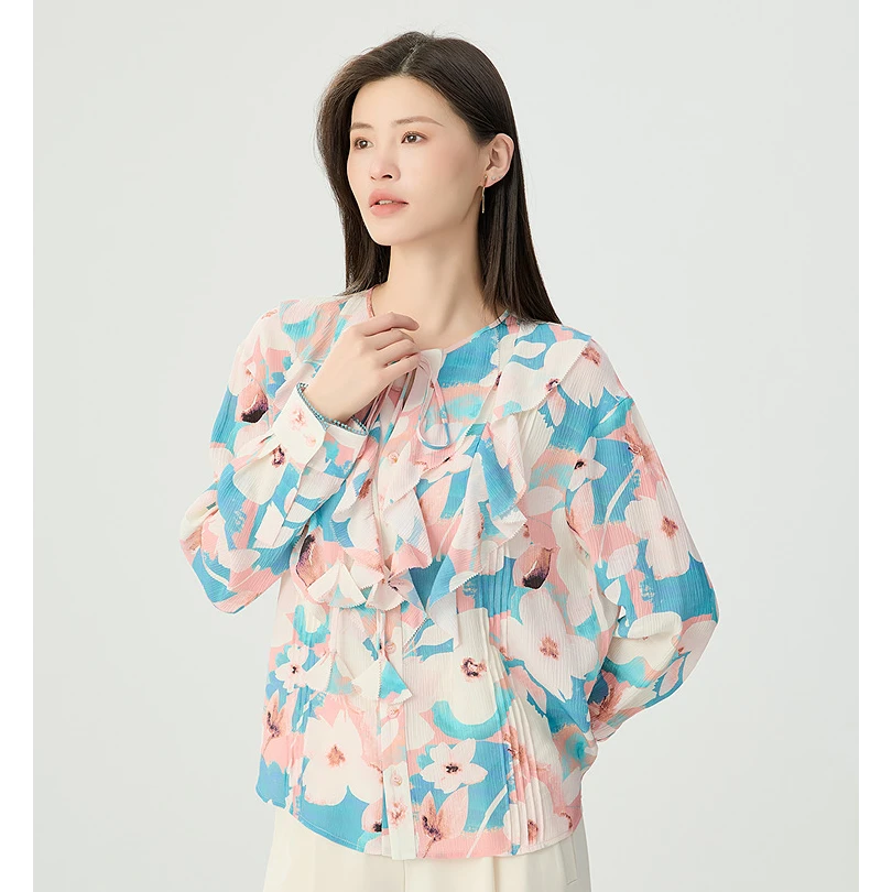 GIRDEAR/哥弟春夏法式浪漫荷叶边气质通勤百搭长袖衬衫1301023