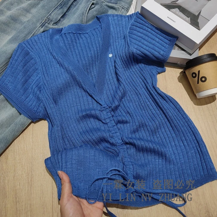 一霖女装2025新款V领短袖女款夏季透气百搭抽绳设计针织衫DC8655
