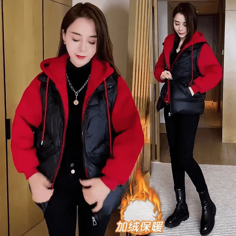 拼接休闲棉服女短款2025网红新款宽松假两件棉衣连帽洋气棉袄外套