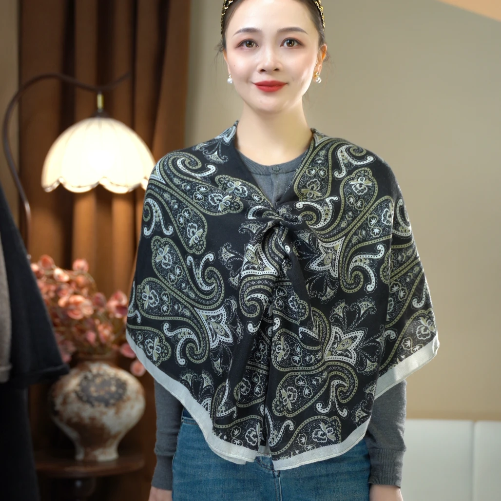 G001韩版丝巾腰果多功能百变法式女护颈外搭护肩成人女士墨底云纹