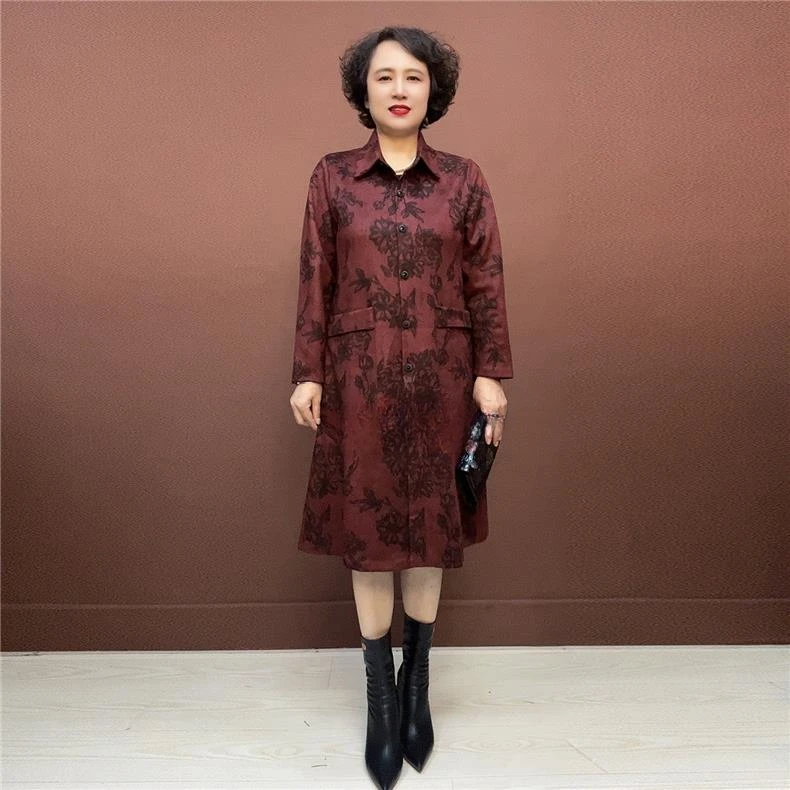 50100秋外套新款妈妈花色带中长款显瘦翻领中老年长款鹿皮绒大衣