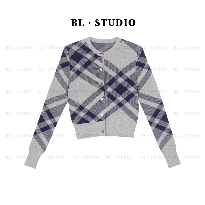 2025年早春新款气质时尚休闲百搭设计款格子针织开衫长袖BL-4062