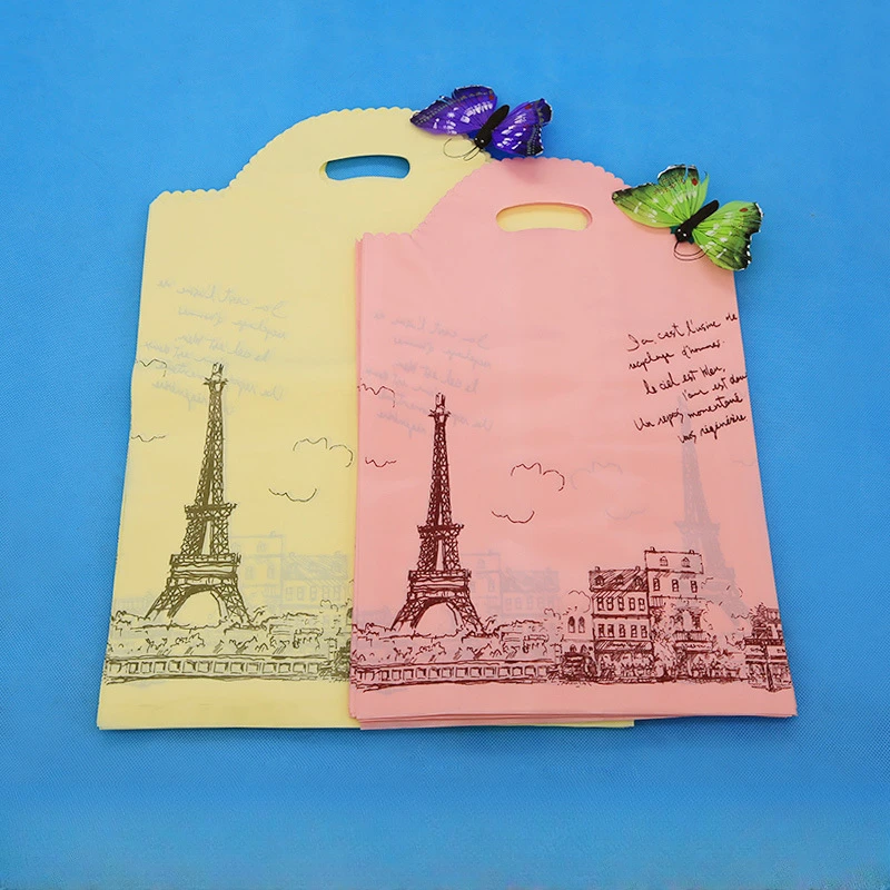 花边手提袋塑料礼品袋加厚时尚巴黎铁塔包装袋50个大小号内衣袋子