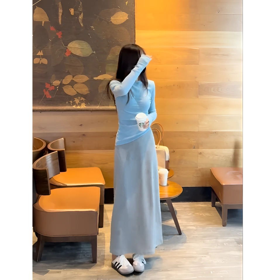 春季新款时尚套装女洋气圆领长袖上衣高腰显瘦气质半身裙两件套潮