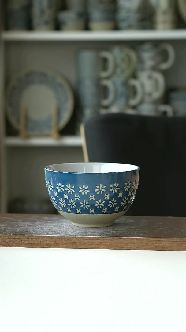 微瑕粗陶手作蓝花早餐碗12cm@7-7@