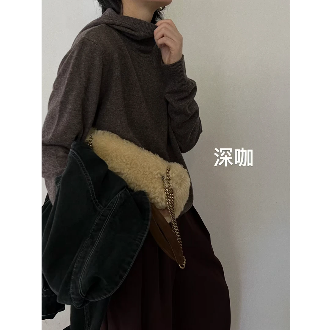 羊毛羊绒倒T针织连帽毛衣 J24M291 黑色