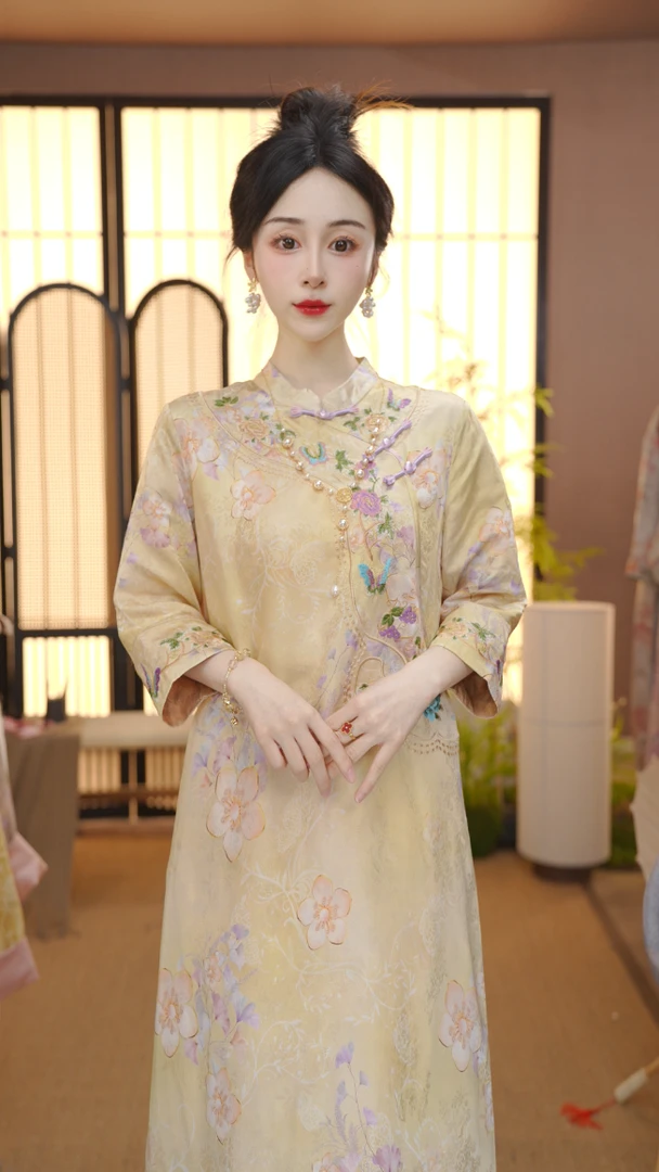 （梨花绕）2025新中式改良中式斜襟春夏季女装宽松连衣裙FB2503261