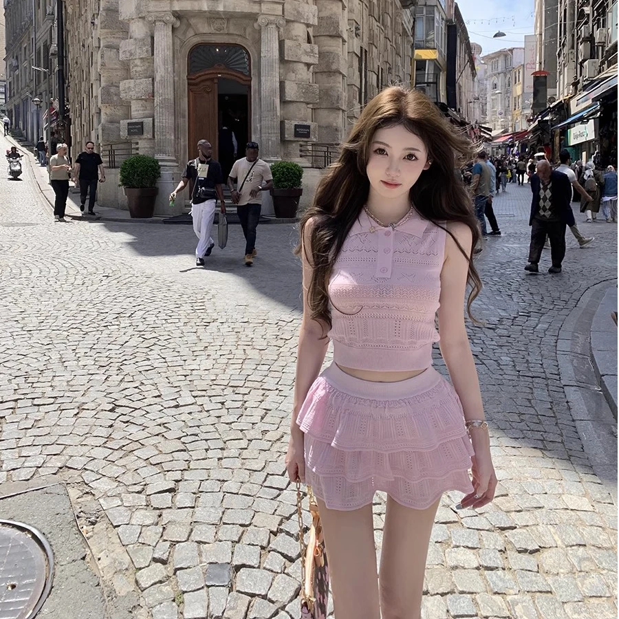 【少女舒适区】韩系甜美穿搭2025夏季新款POLO领针织背心配短裙套装