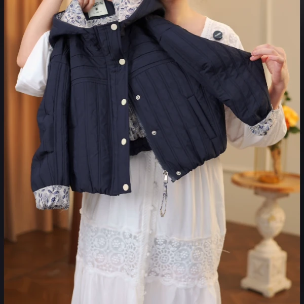 女童夹棉绗棉外套2025新款秋冬加厚二棉连帽格子拼色棉服保暖深秋