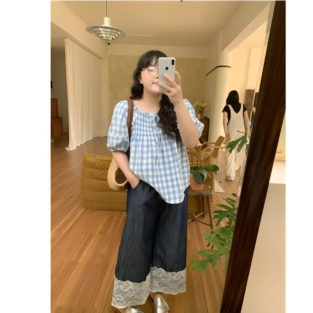 现货【鱼白专属】简约经典--韩系显瘦拼接蕾丝直筒休闲裤  1195