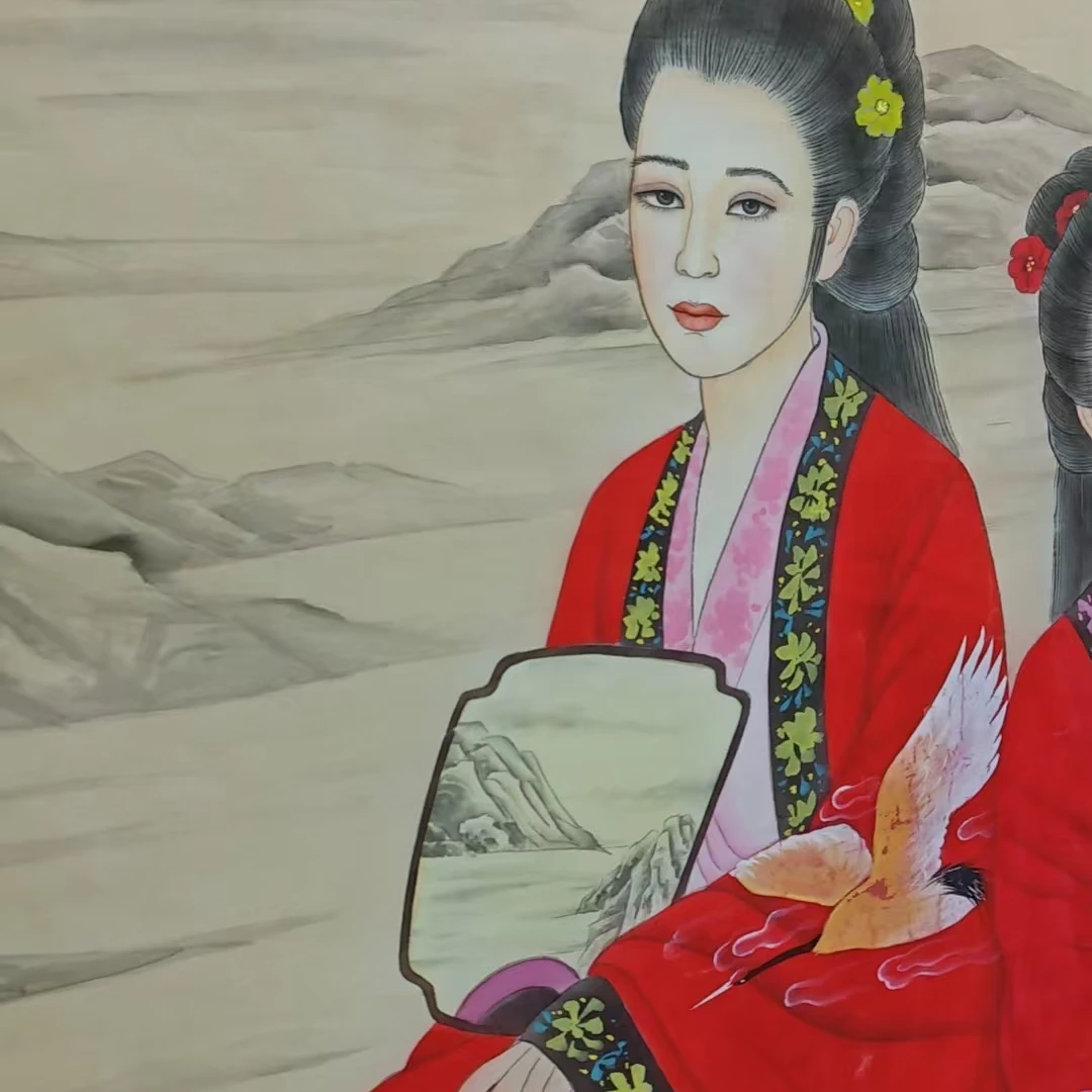 荣宝书画甄选-八平尺国画-丝绢-双人-扇子+手提荷花-C